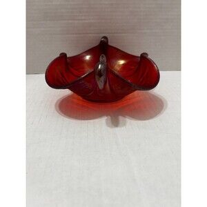 Fenton Red Carnival Glass Iridescent 4-Lobed Ruffled Bowl Handmade USA